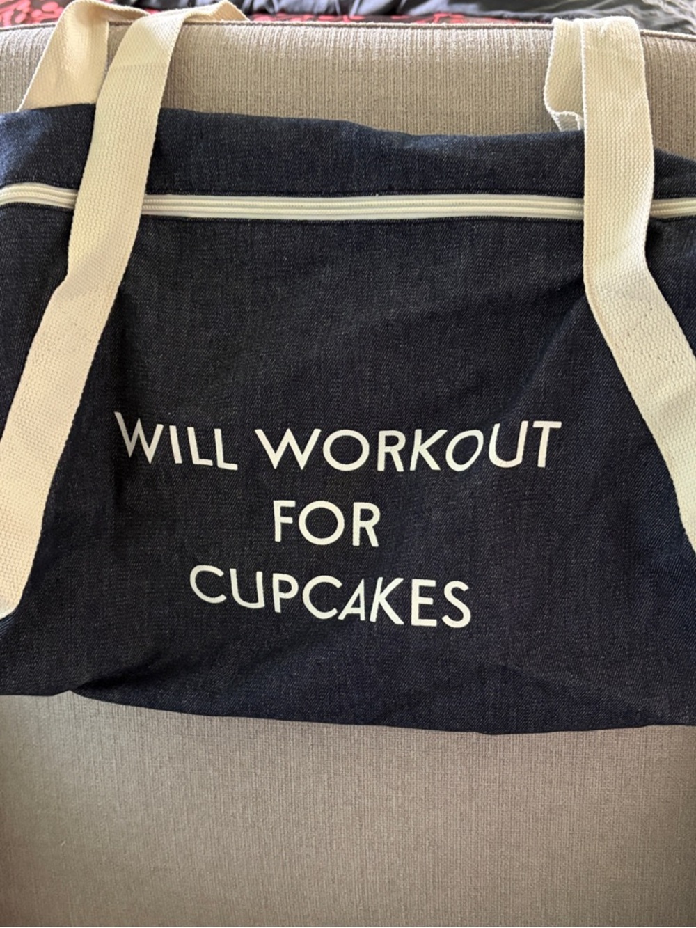 Navy Canvas Tote Bag with 'Will Workout For Cupcakes' Slogan
